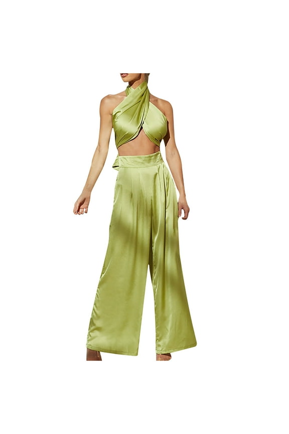 Womens 2 Pieces Outfits Summer Solid Casual Criss Cross Sleeveless Crop Tops and Wide Leg Pants Sets