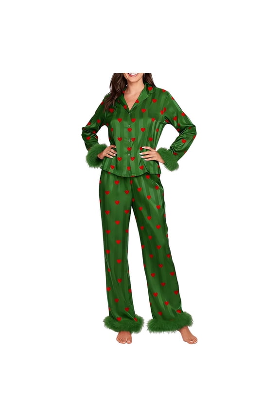 Womens 2 Pieces Pjs Sets Pajamas Heart Bow Print Silk Pjs with Pants Feather Trim Long Sleeve Shirt Pj Pants Lounge Set Loose Fit Pants 2 Pacs Lounge Set