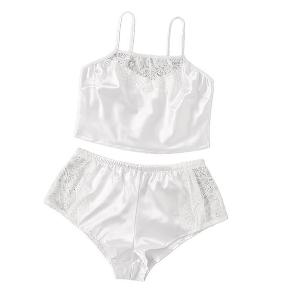 Womens 2 Pieces Satin Pajamas Set Summer Comfy Lace Trim Crop Cami Top and Shorts Lounge Sets Loungewear Sleepwear