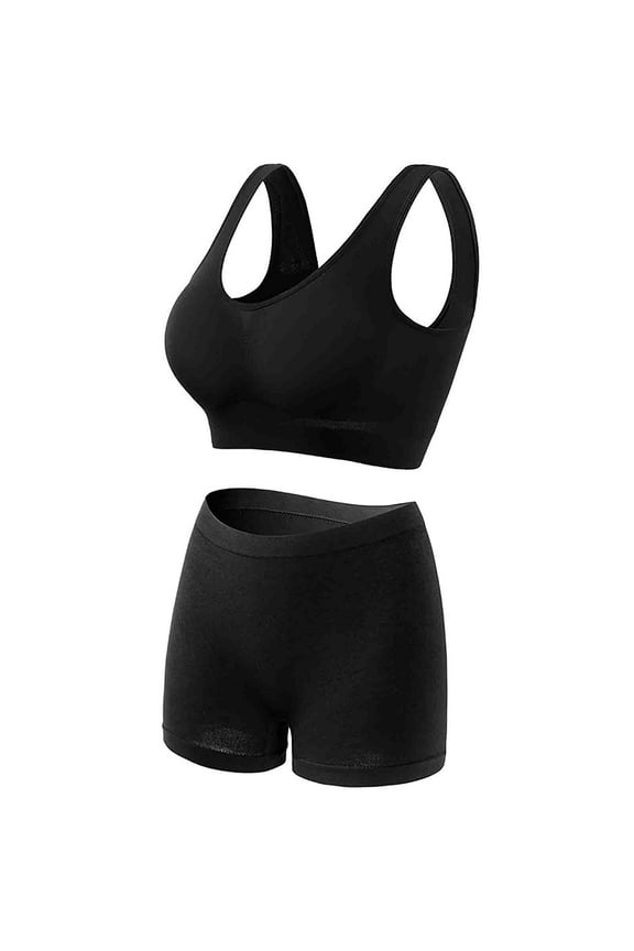 Womens 2 Pieces Underwear Outfits Breathable Comfy Knitted Seamless Bra with Shorts Legging Plus Size Workout Yoga Bralette Sets