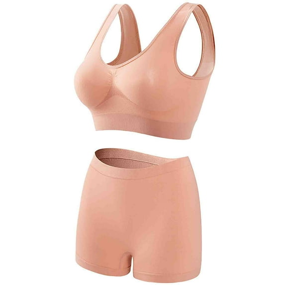 Womens 2 Pieces Underwear Outfits Breathable Comfy Knitted Seamless Bra with Shorts Legging Plus Size Workout Yoga Bralette Sets