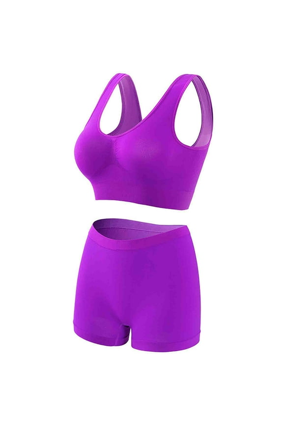 Womens 2 Pieces Underwear Outfits Breathable Comfy Knitted Seamless Bra with Shorts Legging Plus Size Workout Yoga Bralette Sets