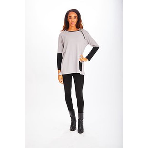 Womens 2-Tone 3/4 Sleeve Round Neck Top with Left Front Pocket and Zipper on the Shoulder. With Straight Hem Line