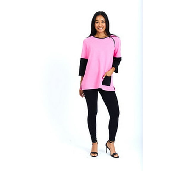 Womens 2-Tone 3/4 Sleeve Round Neck Top with Left Front Pocket and Zipper on the Shoulder. With Straight Hem Line