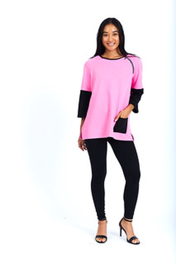 Womens 2-Tone 3/4 Sleeve Round Neck Top with Left Front Pocket and Zipper on the Shoulder. With Straight Hem Line