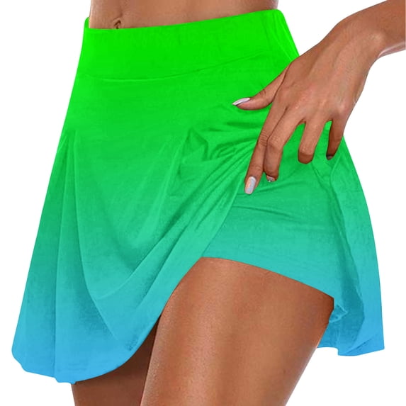Womens 2 in 1 Ombre Tennis Skirt Elastic High Waisted Athletic Shorts Casual Running Workout Green S