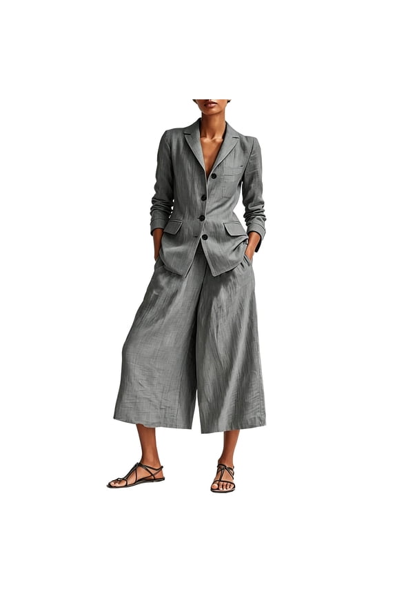 Womens 2 piece Linen Business Suit Set Long Sleeve Single Button Blazer & Wide Leg Cropped Pants