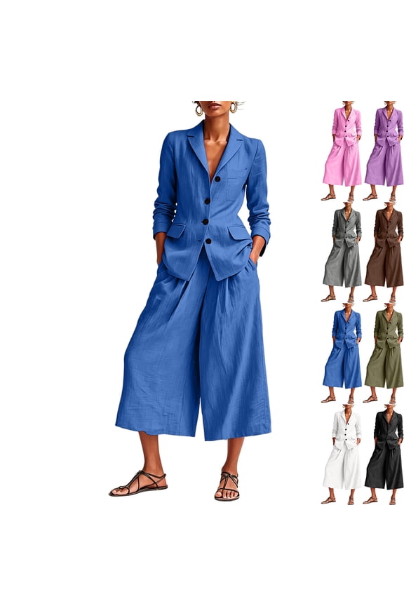 Womens 2 piece Linen Business Suit Set Long Sleeve Single Button Blazer & Wide Leg Cropped Pants