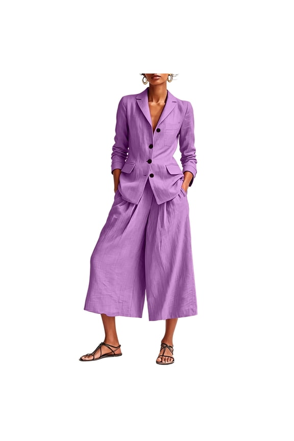 Womens 2 piece Linen Business Suit Set Long Sleeve Single Button Blazer & Wide Leg Cropped Pants