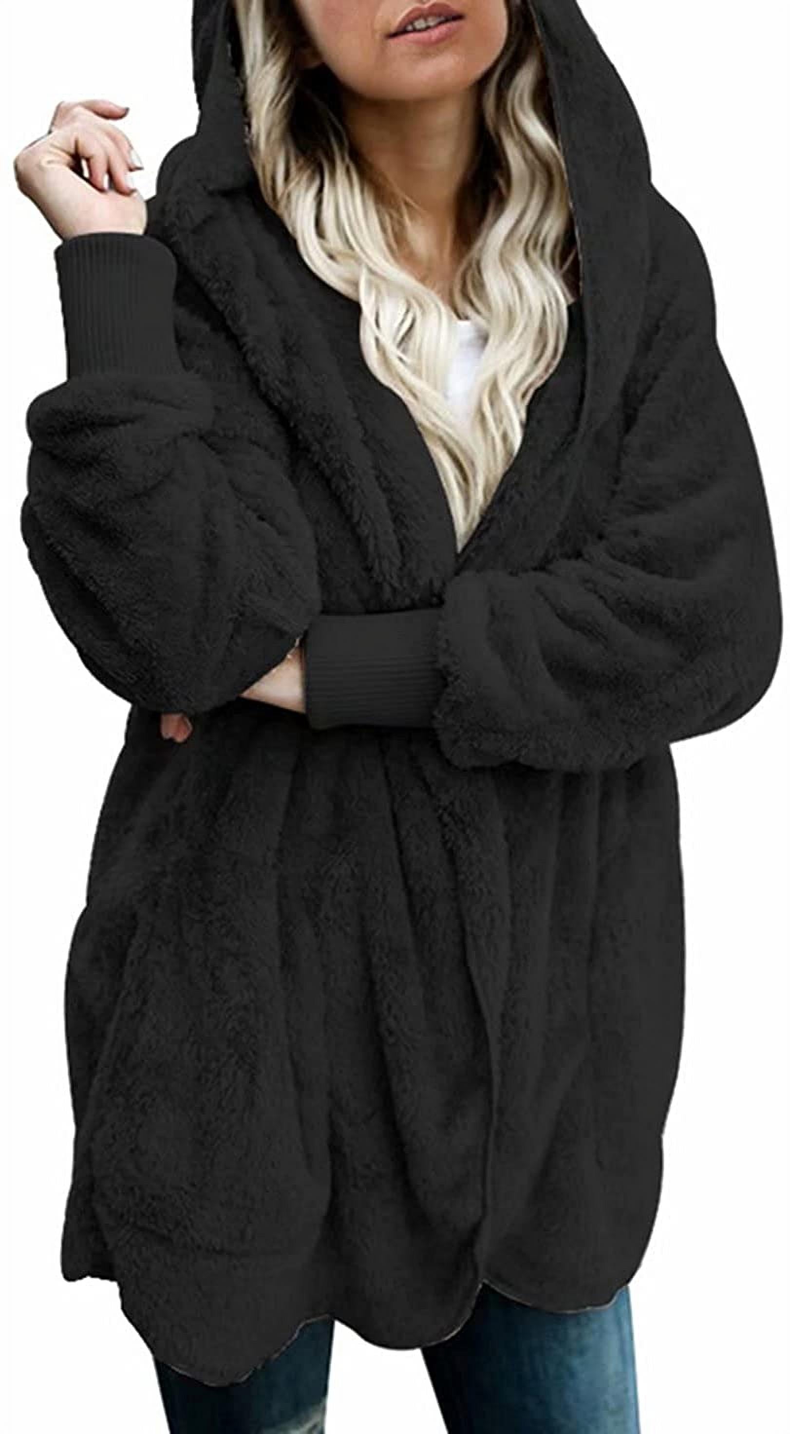 Womens 2022 Winter Long Sleeve Solid Fuzzy Fleece Open Front Hooded ...