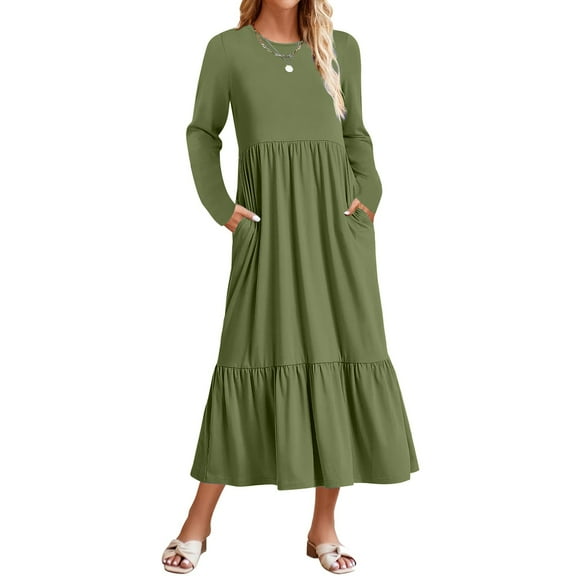 Womens 2023 Autumn Long Sleeve Dress Round Neck Casual Loose Fold Layered Dress With Pockets Fit An Flare Dress Dress Summer Split Maxi Dress Casual Knee Length Dresses for Women Womens Business