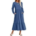 thumbnail image 1 of Womens 2023 Autumn Long Sleeve Dress Round Neck Casual Loose Fold Layered Dress With Pockets Fit An Flare Dress Dress Summer Split Maxi Dress Casual Knee Length Dresses for Women Womens Business, 1 of 3