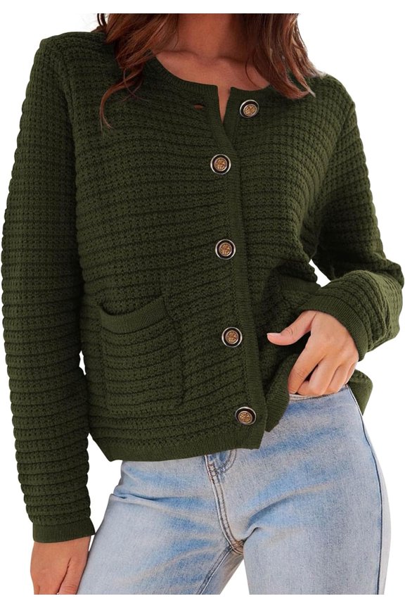 Womens 2023 Cardigan Sweaters Fall Open Front Button Down Long Sleeve Pockets Casual Chunky Knit Shirt Outerwear