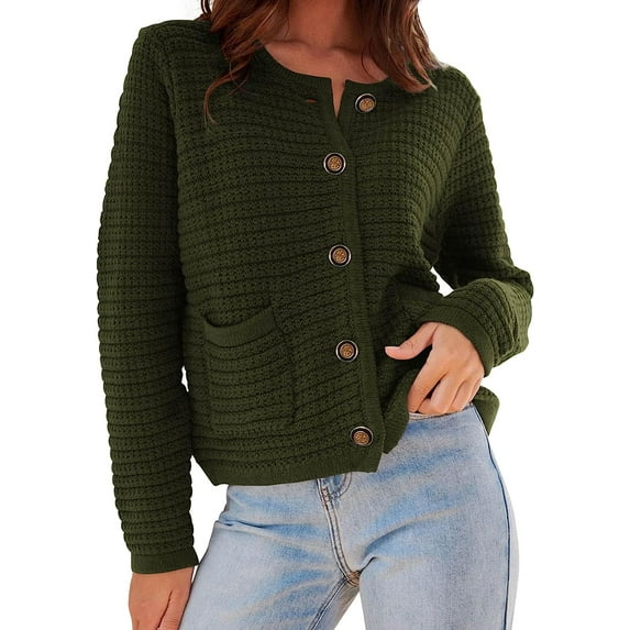 Womens 2023 Cardigan Sweaters Fall Open Front Button Down Long Sleeve Pockets Casual Chunky Knit Shirt Outerwear