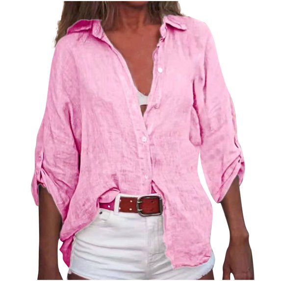 Womens 2023 Fall Button Down Shirts Roll up Long Sleeve V Neck Loose Lightweight Blouses Casual Collared Tees Tops