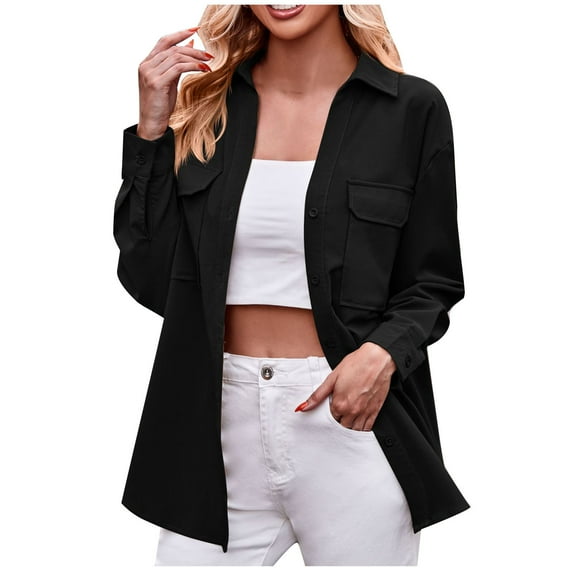 Womens 2023 Fall Retro Oversized Shirt Lightweight Button Down Shacket Jacket Vintage Pockets Long Sleeve Blouse Top