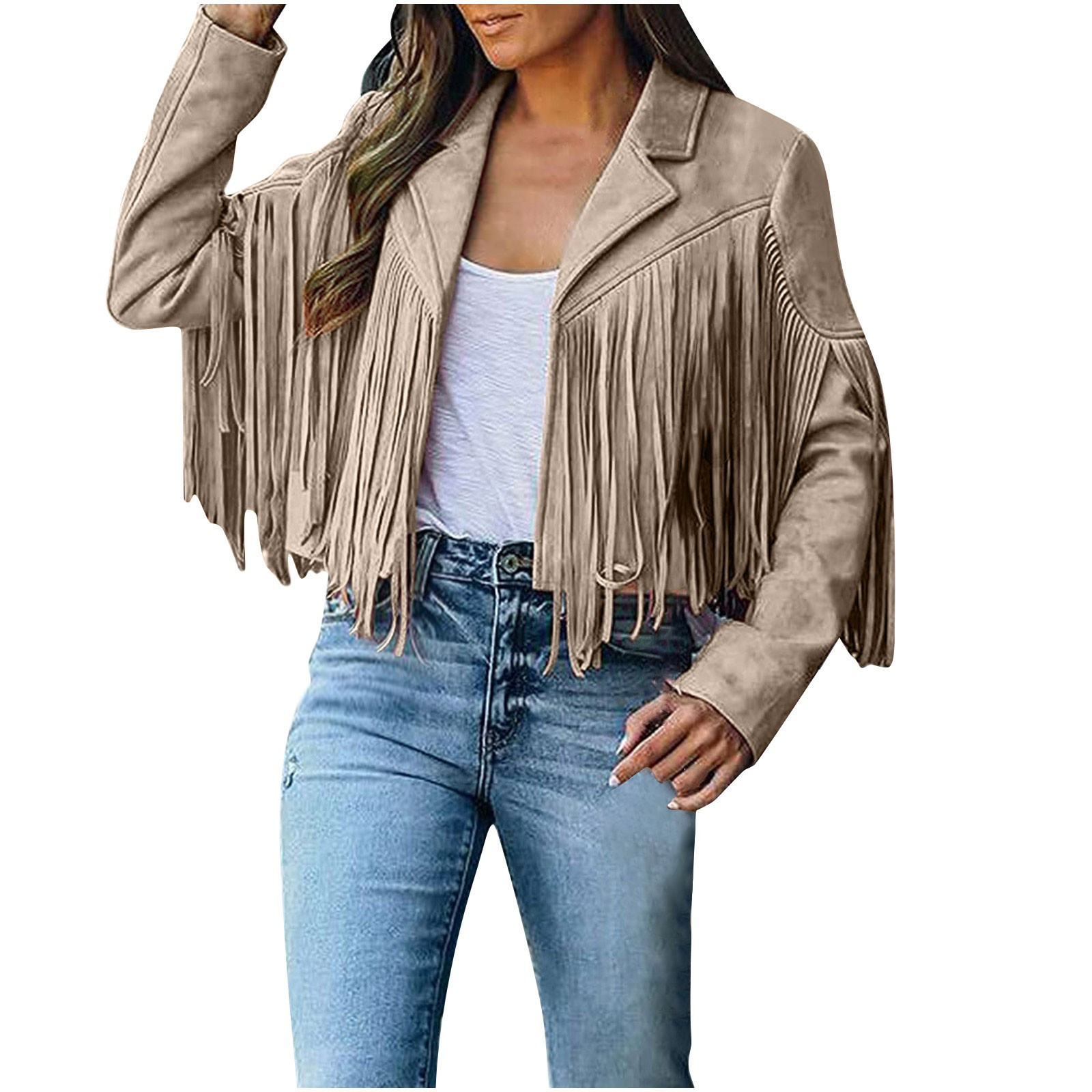 Womens 2023 Fashion Faux Suede Tassel Jackets,Lapel Cropped Motorcycle Jacket Outerwear - image 1 of 9