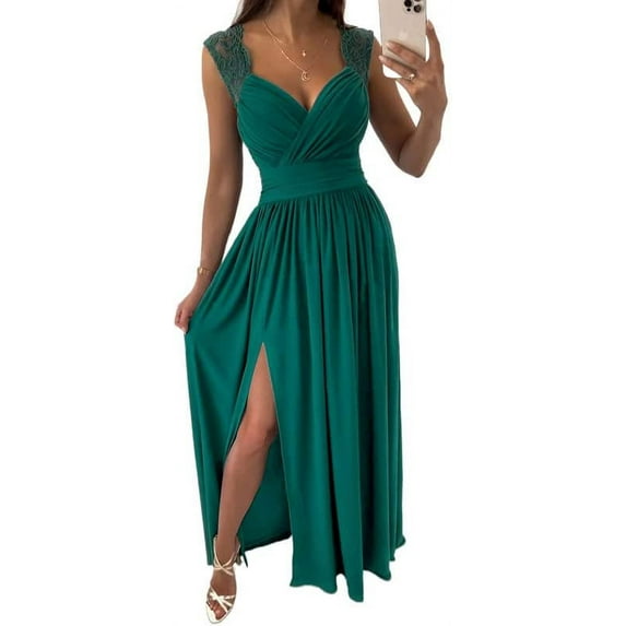 Womens 2023 Formal Dresses Wrap V-Neck Ruched Sexy Bridesmaid Wedding Guest Maxi Dresses