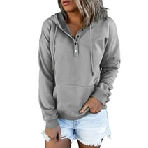 Womens 2023 Hooded Button Collar Drawstring Hoodies Pullover Sweatshirts Casual Long Sleeve Tops Shirts,Dark grey