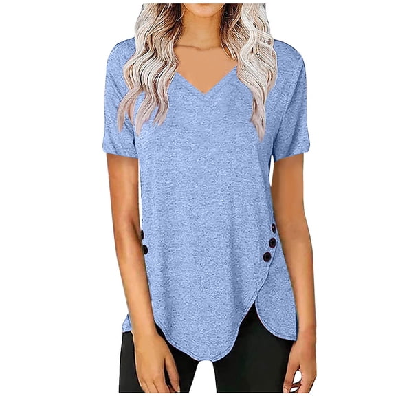 Womens 2023 Summer Short Sleeve T-Shirts V Neck Tunic Tops Casual Graphic Print T-Shirts Loose Fit Cotton V Neck Short Sleeve Tops Summer Casual Blouse