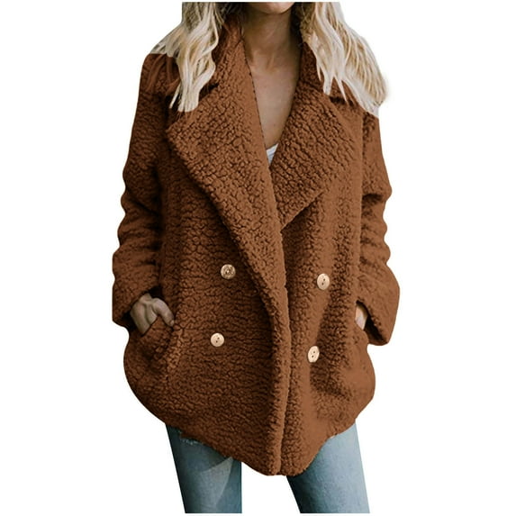 Womens 2023 Winter Warm Sherpa Coats Fashion Lapel Fleece Jacket Long Sleeve Faux-Fur Coat Fuzzy Button Fall Outwear with Pockets