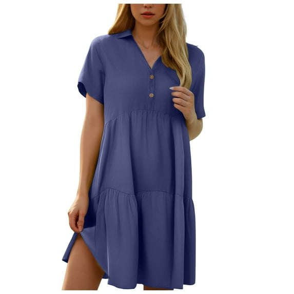 Womens 2024 Casual Dress Smocked Crewneck Button Up Long Sleeve Empire Waist A-Line Mini Dress
