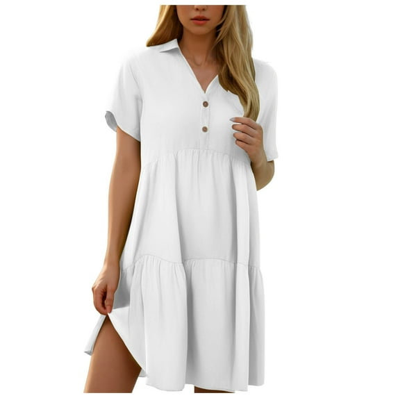 Womens 2024 Casual Dress Smocked Crewneck Button Up Long Sleeve Empire Waist A-Line Mini Dress