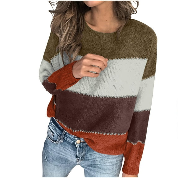 Womens 2025 Color Block Sweater Plus Size Long Sleeve Crewneck Knitted Casual Loose Fall Winter Pullover Tunic Tops,Brown,2XL