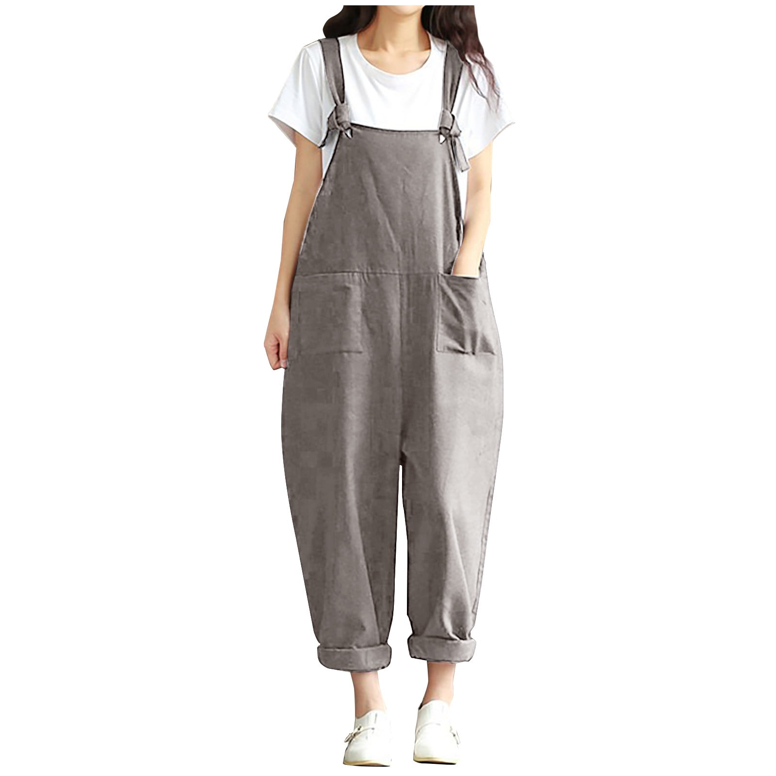 Cotton Linen Wide Leg Romper Bib Overalls Dressy Outfits Loose Button Down Overalls with Pockets
