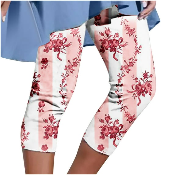 Womens 2024 Cropped Leggings Summer Casual Beach Short Capri Pants Elastic High Waist Floral Printed Jeggings