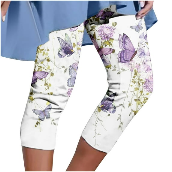 Womens 2024 Cropped Leggings Summer Casual Beach Short Capri Pants Elastic High Waist Floral Printed Jeggings