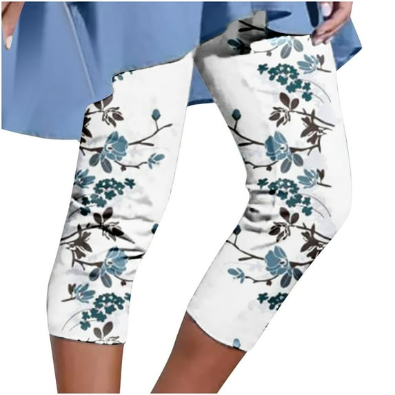 Womens 2024 Cropped Leggings Summer Casual Beach Short Capri Pants Elastic High Waist Floral Printed Jeggings