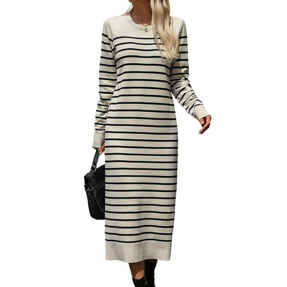 Womens 2024 Fall Striped Bodycon Midi Dress Crew Neck Slim Fit Ribbed Knit Sweater Dresses Shermie