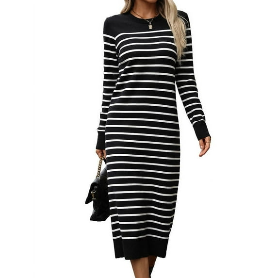 Womens 2024 Fall Striped Bodycon Midi Dress Crew Neck Slim Fit Ribbed Knit Sweater Dresses Shermie