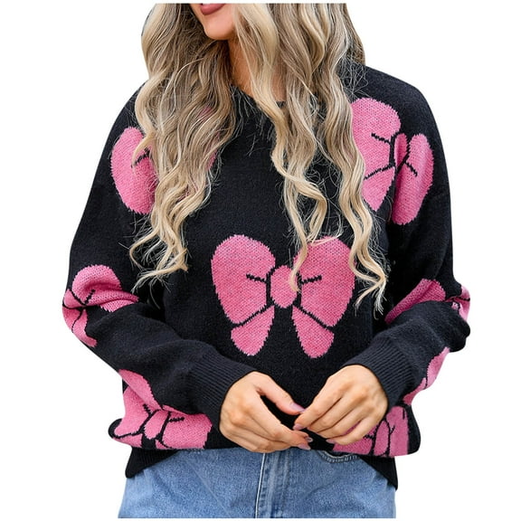 Womens 2024 Fall Sweaters Bow Printed Crewneck Long Sleeve Ribbed Knit Pullover Jumper Tops Lightweight Comfy Warm Sweater
