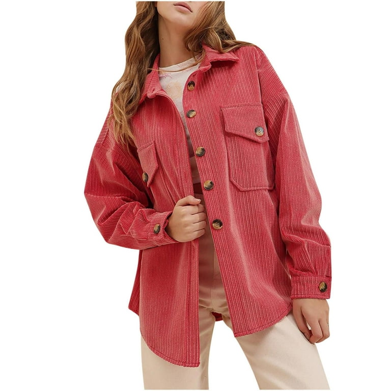 Womens 2024 Fashion Corduroy Jacket Button Down Collared Shirt