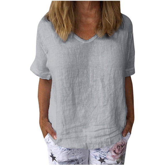 Womens 2024 Summer Cotton Linen Tops Trendy Casual Summer Beach Shirts Sexy V Neck Breathable Tunic Tops Basic Tees Blouse