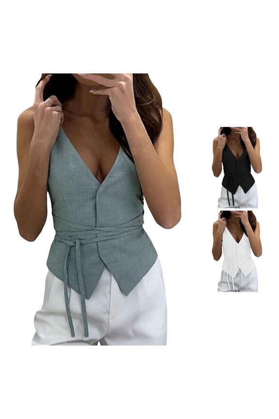 Womens 2024 Summer Fashion Casual Vest British Style Solid Frenulum V Neck Tank Tops Undershirt Top L