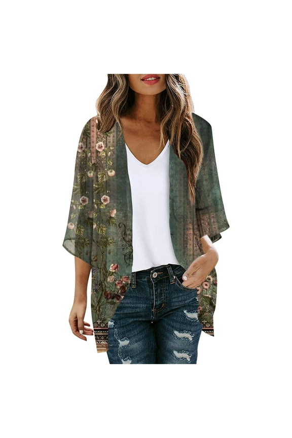 Womens 2024 Summer Lightweight Cardigan Short Sleeve Open Front Casual Loose Cover Ups Army Green L