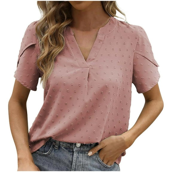 Womens 2024 Summer Petal Sleeve Blouses Swiss Dots Business Casual V Neck Tops Ladies Loose Solid Dressy Shirts