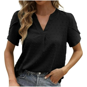 Womens 2024 Summer Petal Sleeve Blouses Swiss Dots Business Casual V Neck Tops Ladies Loose Solid Dressy Shirts