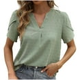 thumbnail image 1 of Womens 2024 Summer Petal Sleeve Blouses Swiss Dots Business Casual V Neck Tops Ladies Loose Solid Dressy Shirts, 1 of 4
