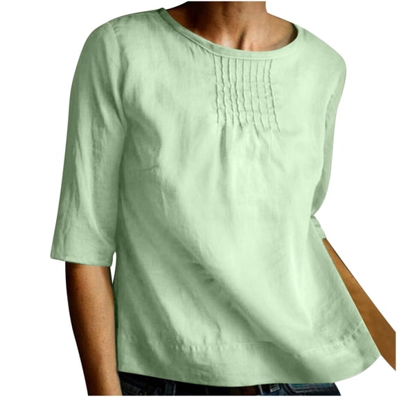 Womens 2024 Summer Spring 3/4 Sleeve O Neck Casual Loose Tunic Tops Blouses Plus Size Comfy Cotton Linen Shirts