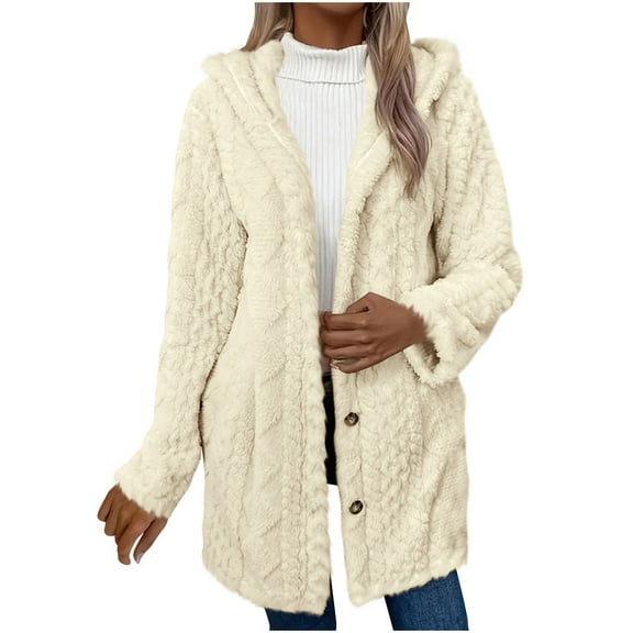 Womens 2025 Winter Cardigans Jackets Plus Size Long Sleeve Fuzzy Fleece Open Front Hooded Warm Coats Outerwear with Pockets,Beige,M