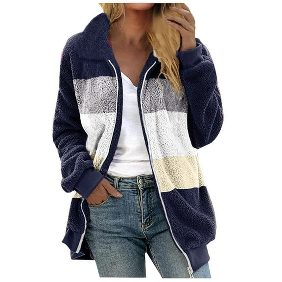 Womens 2024 Winter Fuzzy Fleece Jacket Color Block Patchwork Coats Sherpa Oversized Shearling Trendy Jackets Plush Warm Outerwear with Pockets