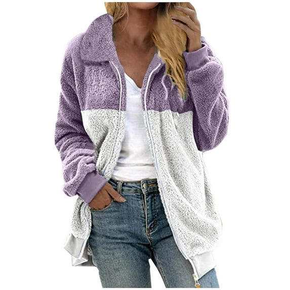 Womens 2024 Winter Fuzzy Fleece Jacket Color Block Patchwork Coats Sherpa Oversized Shearling Trendy Jackets Plush Warm Outerwear with Pockets