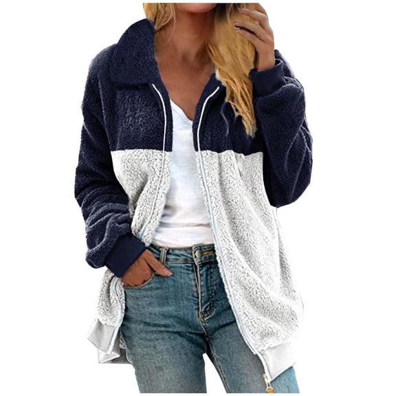 Womens 2024 Winter Fuzzy Fleece Jacket Color Block Patchwork Coats Sherpa Oversized Shearling Trendy Jackets Plush Warm Outerwear with Pockets