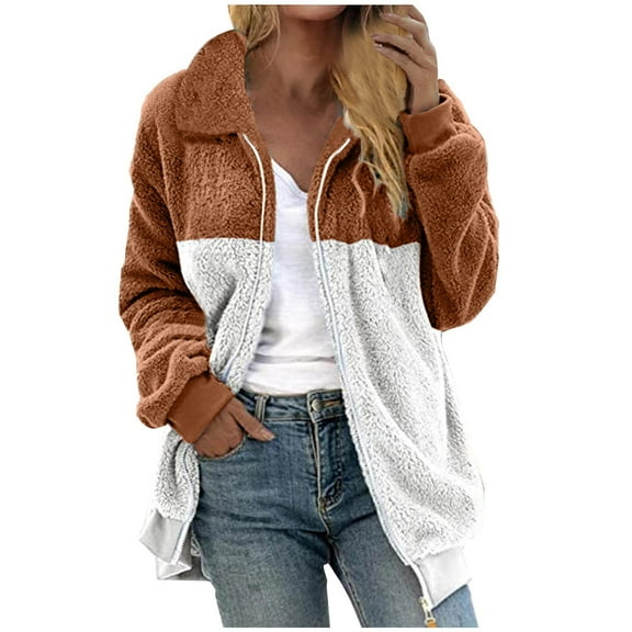 Womens 2024 Winter Fuzzy Fleece Jacket Color Block Patchwork Coats Sherpa Oversized Shearling Trendy Jackets Plush Warm Outerwear with Pockets