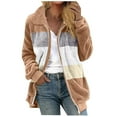 thumbnail image 1 of Womens 2024 Winter Fuzzy Fleece Jacket Color Block Patchwork Coats Sherpa Oversized Shearling Trendy Jackets Plush Warm Outerwear with Pockets, 1 of 5