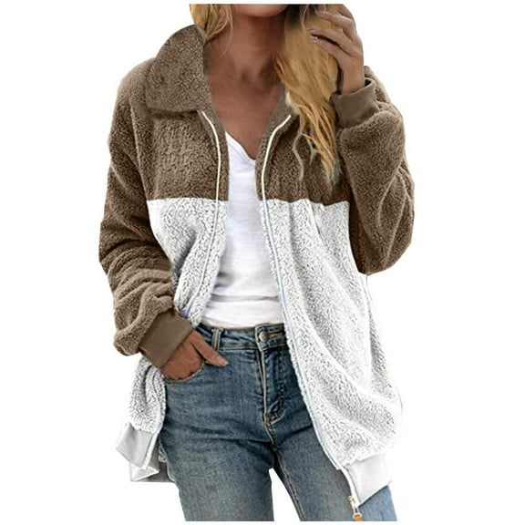 Womens 2024 Winter Fuzzy Fleece Jacket Color Block Patchwork Coats Sherpa Oversized Shearling Trendy Jackets Plush Warm Outerwear with Pockets
